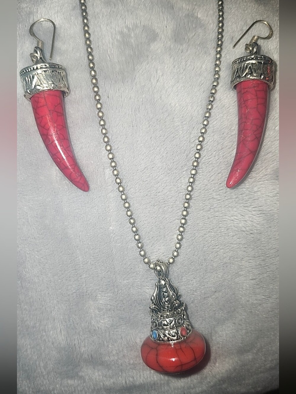 ✨️Italian Red Coral Pendant Necklace & Earring Set 925 Silver Plated✨️